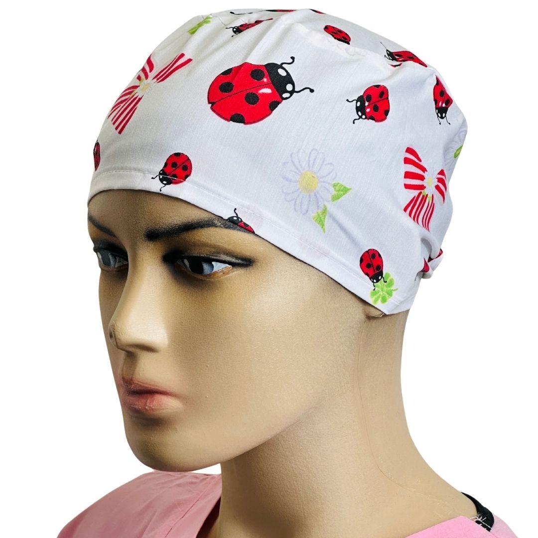 Unisex white medical cap, ladybug print