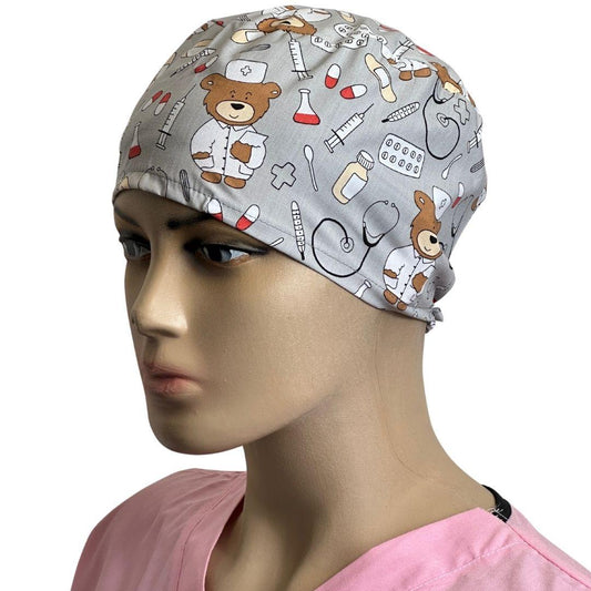 Unisex gray medical cap, Teddy Bear print