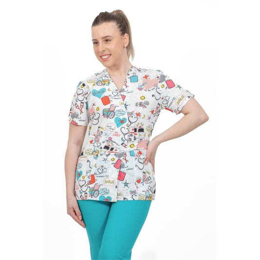 bluza medicala kimono alba cu imprimeu ambulanta