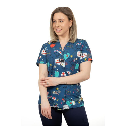 bluza medicala kimono bleumarin cu imprimeu ambulanta