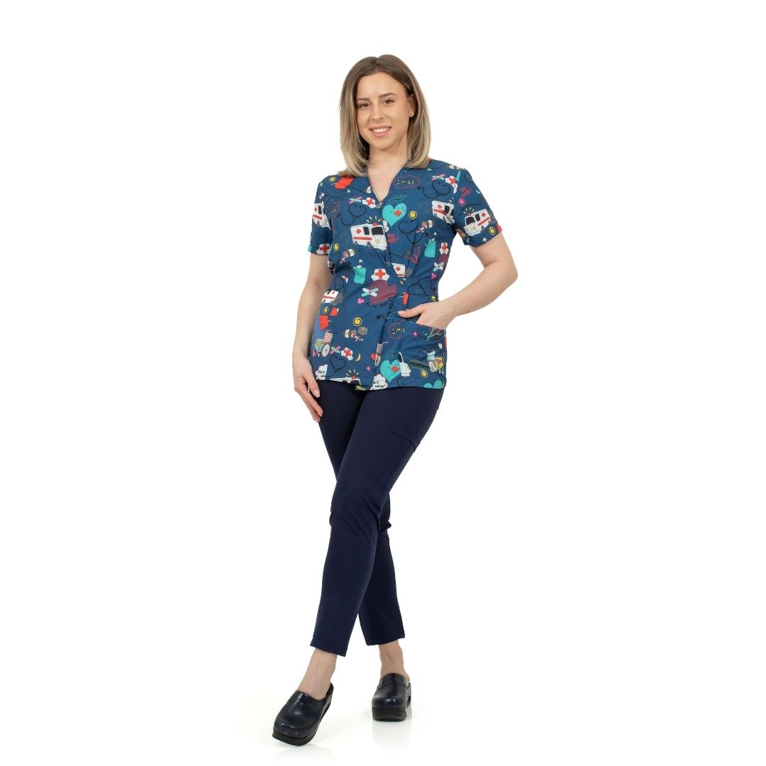 bluza medicala kimono bleumarin cu imprimeu ambulanta