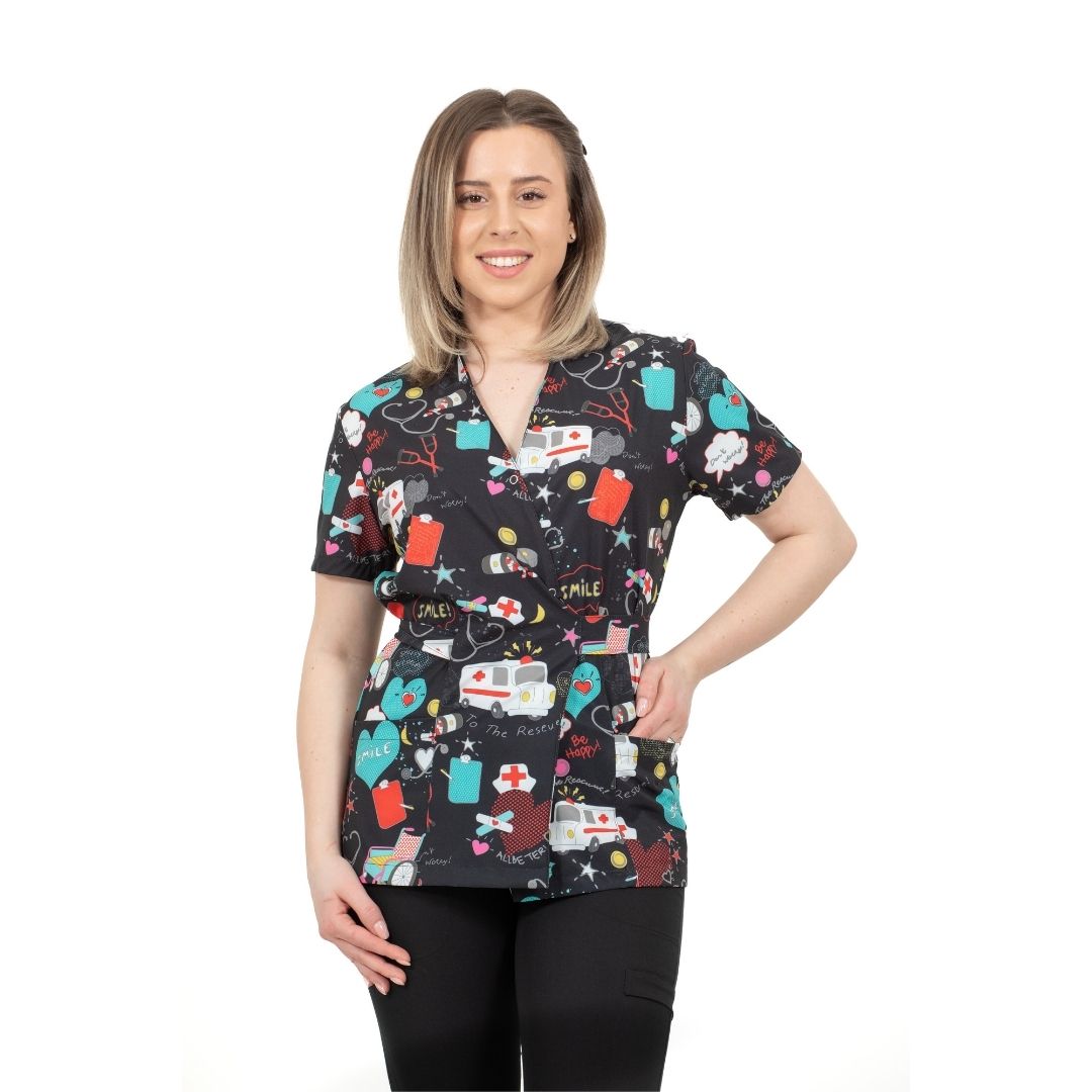 bluza medicala kimono neagra cu imprimeu ambulanta