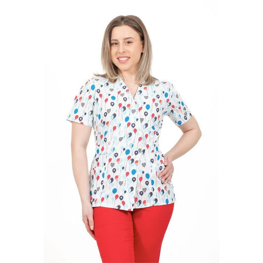 bluza medicala kimono alba cu imprimeu balloons