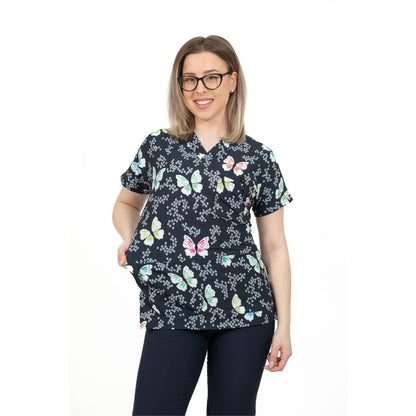 Bluza Medicala Elastan, Bleumarin cu Imprimeu, Femei - Model Uniforma Medicala Big Butterfly