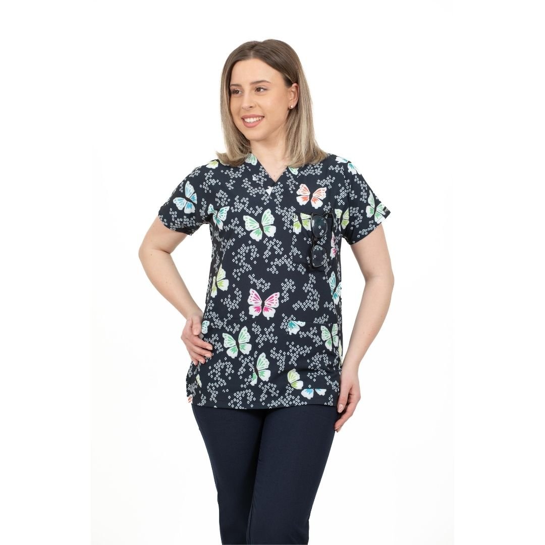 Bluza Medicala Elastan, Bleumarin cu Imprimeu, Femei - Model Uniforma Medicala Big Butterfly