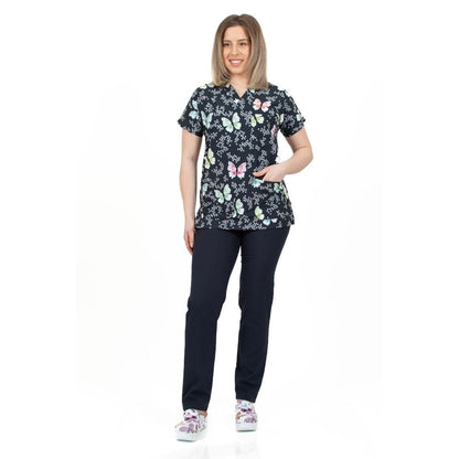 Bluza Medicala Elastan, Bleumarin cu Imprimeu, Femei - Model Uniforma Medicala Big Butterfly