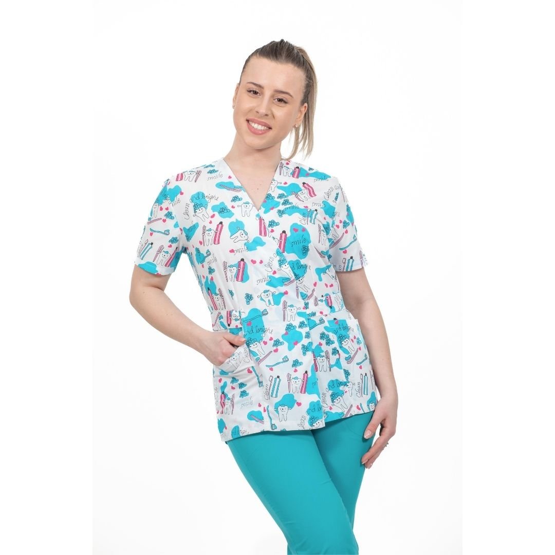 bluza medicala kimono alba cu imprimeu dinti dentist