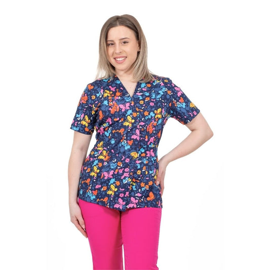 bluza medicala kimono bleumarin cu imprimeu fluturi