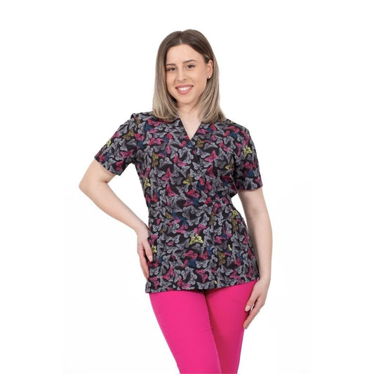 bluza medicala kimono neagra cu imprimeu fluturi colorati