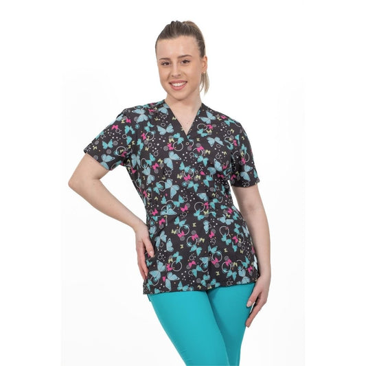 bluza medicala kimono neagra cu imprimeu fluturi turquoise