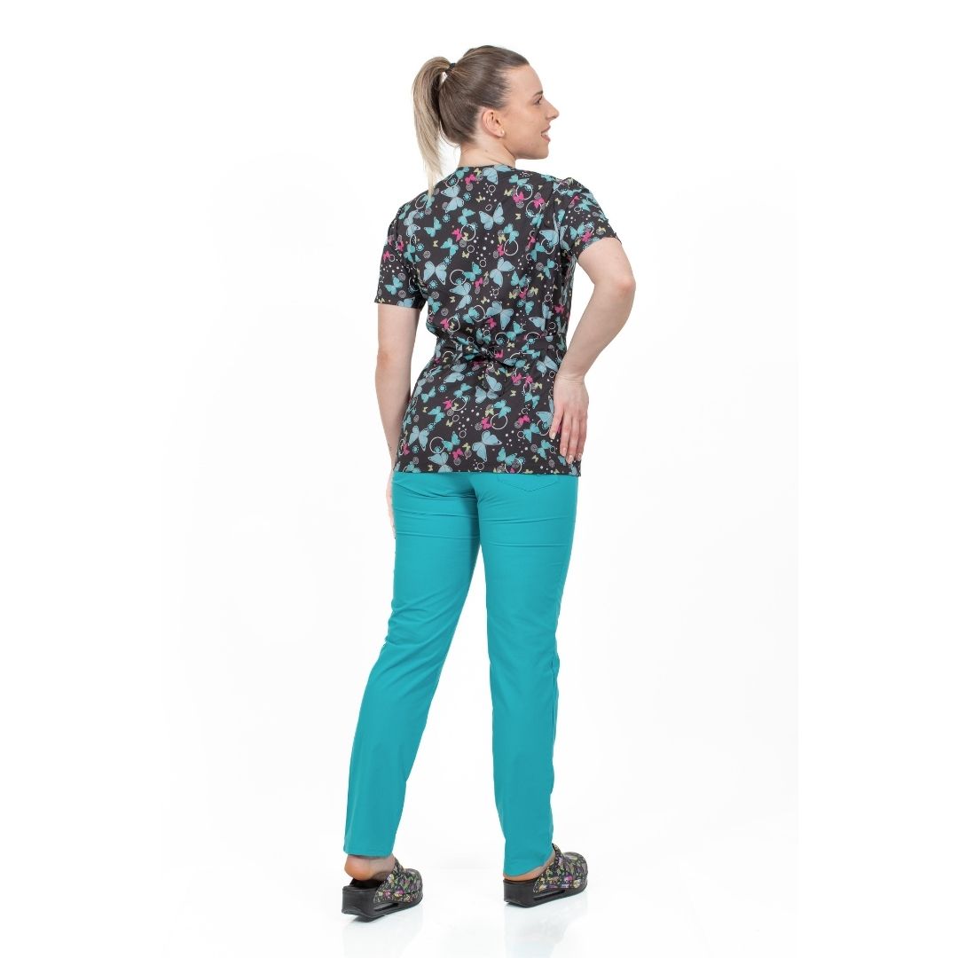 bluza medicala kimono neagra cu imprimeu fluturi turquoise