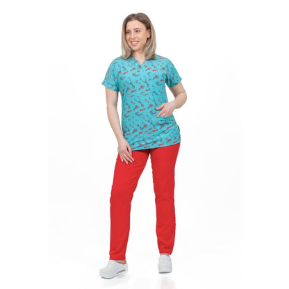 Bluza Medicala Elastan, Verde cu Imprimeu, Femei - Model Uniforma Medicala Instrumente Medicamente