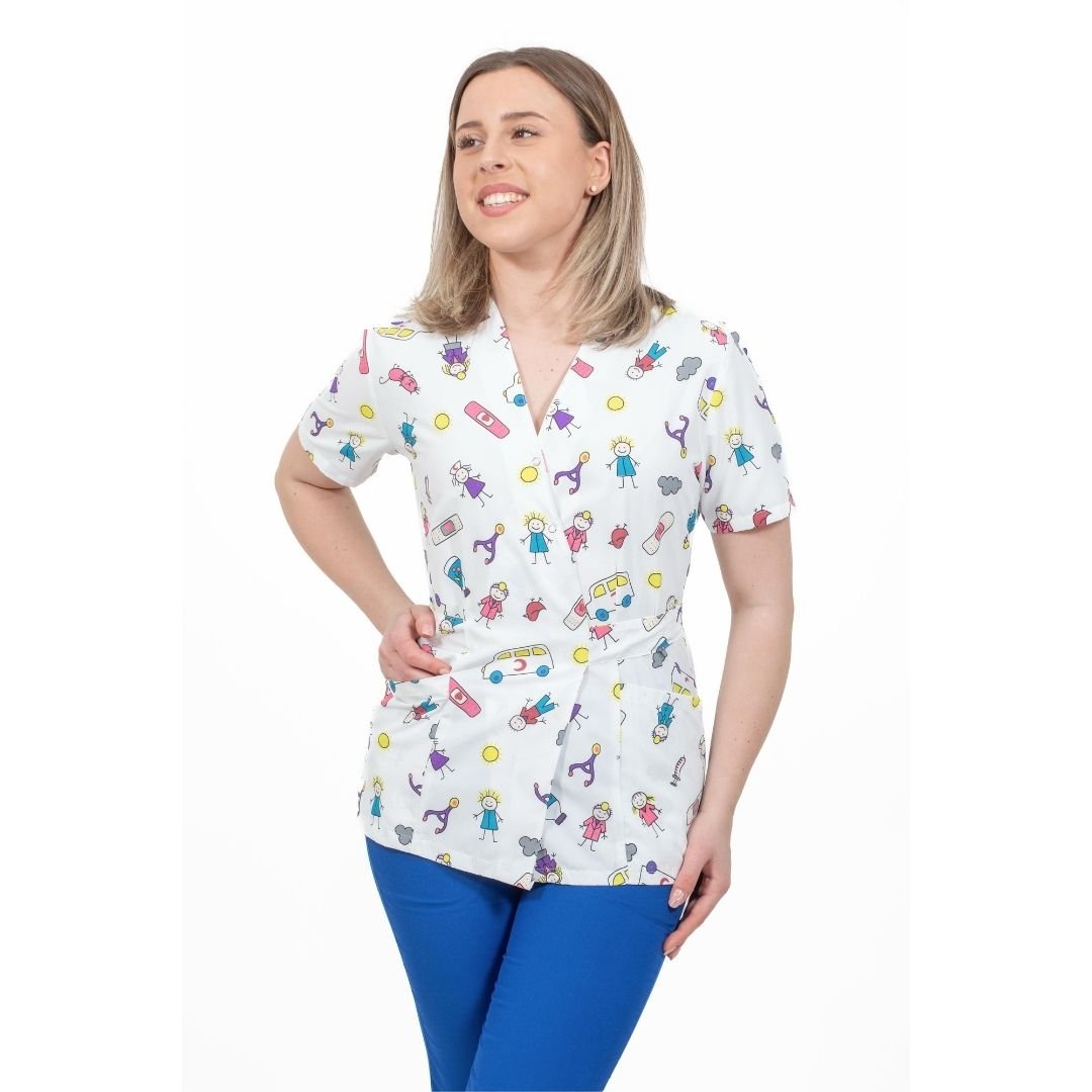 bluza medicala kimono alba cu imprimeu Pansament Copiilor