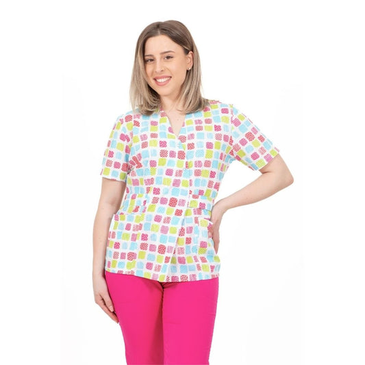 bluza medicala kimono alba cu imprimeu patratele