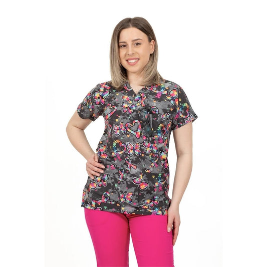 Bluza Medicala Elastan, Gri cu Imprimeu, Femei - Model Uniforma Medicala Puzzle Butterfly