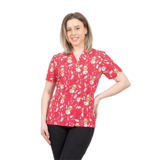 bluza medicala kimono rosu cu imprimeu ursu Teddy