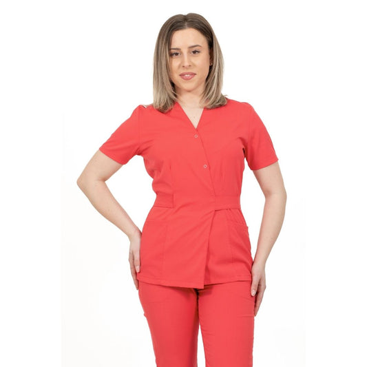 Bluza Medicala Kimono Elastan Pentru Femei, Uniforma Medicala, Culoarea Rosu Corai