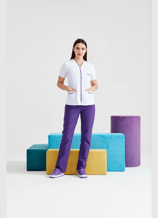 Set Uniforma Medicala Femei - Halat tip Bluza Alba cu Fermuar si Pantaloni Mov