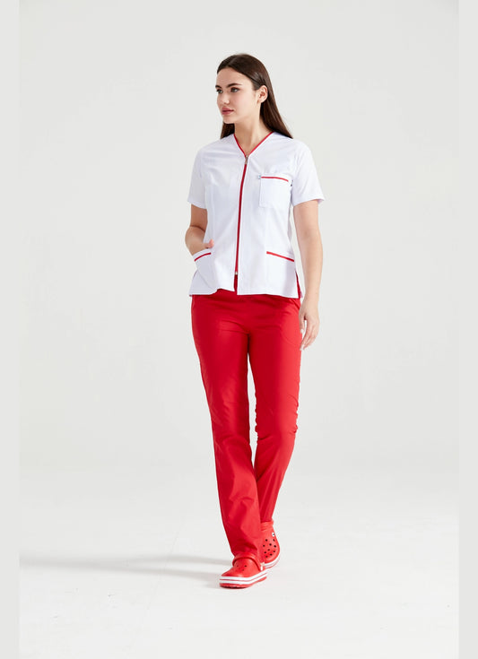 Set Uniforma Medicala Femei - Halat tip Bluza Alba cu Fermuar si Pantaloni Rosii