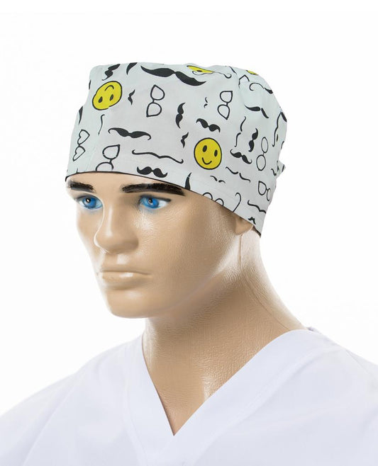 Unisex White Medical Cap, Mustache Print