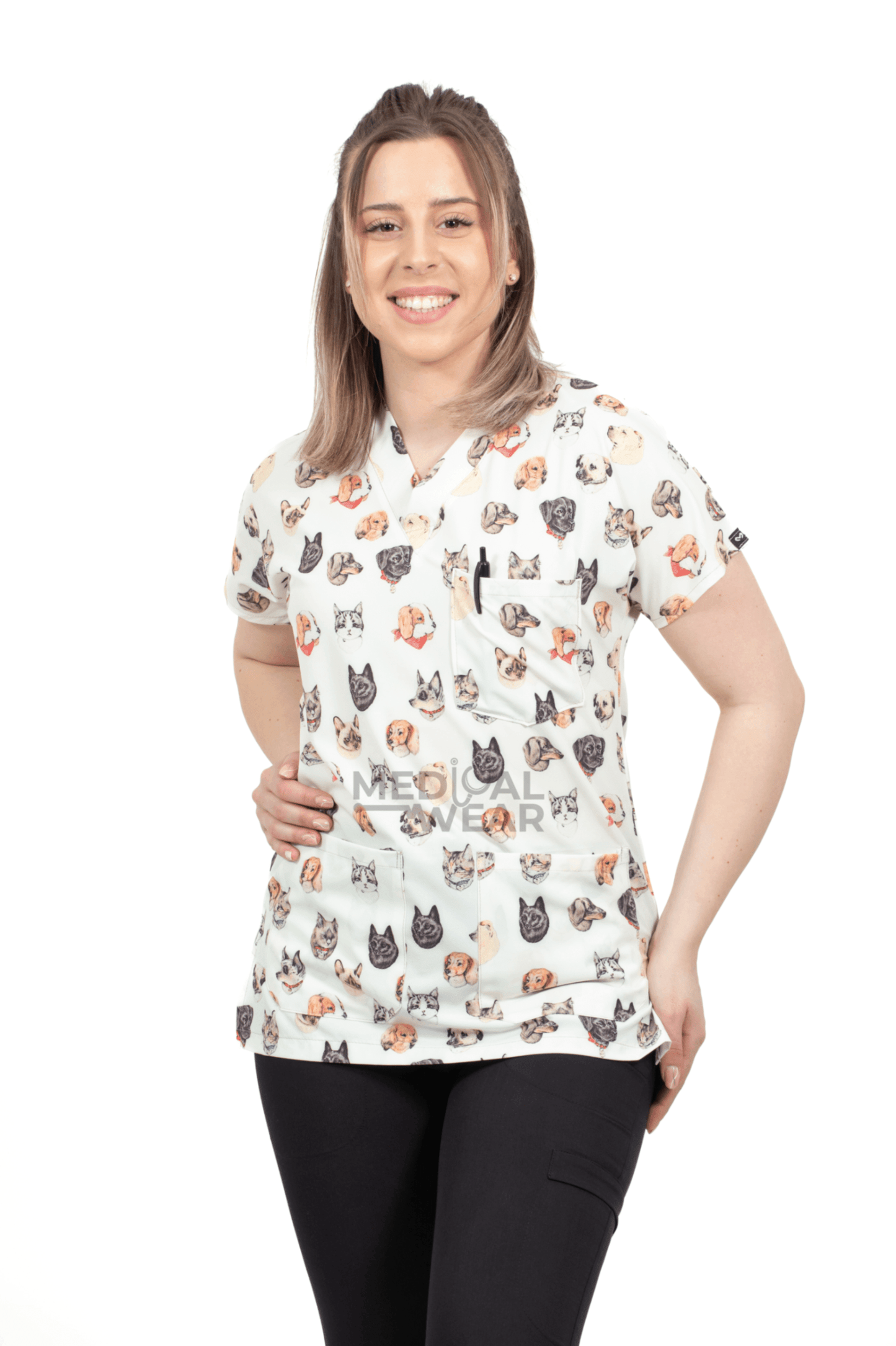 Bluza Medicala Elastan, Alba cu Imprimeu, Femei - Model Uniforma Medicala Dr. Pets