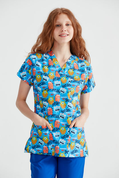 Blue Medical Blouse with Print, For Women - Monster Model