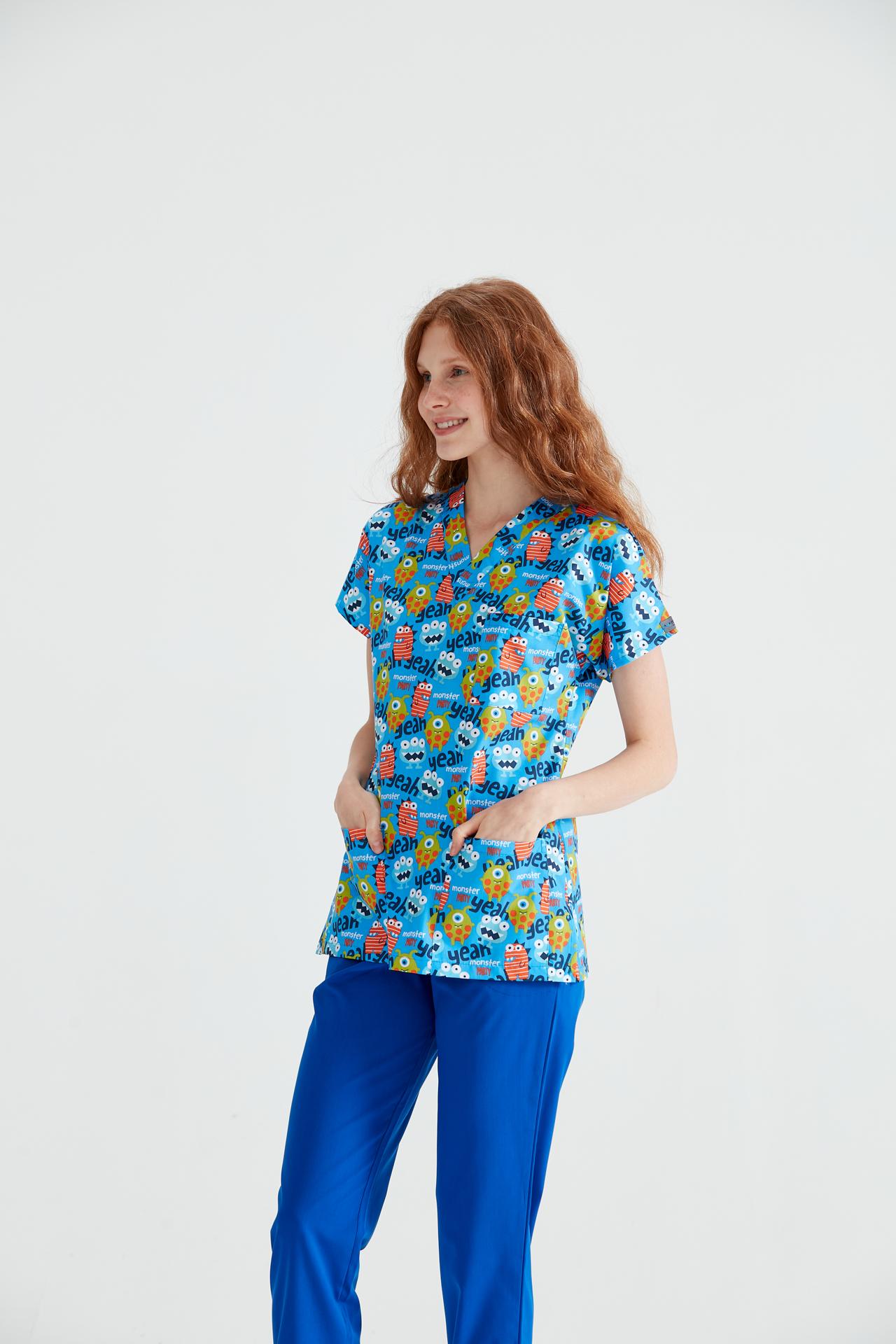 Blue Medical Blouse with Print, For Women - Monster Model