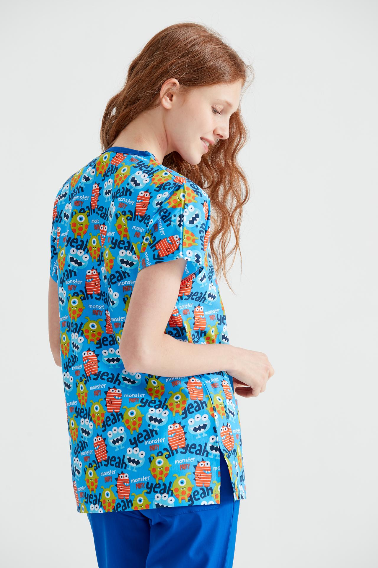 Blue Medical Blouse with Print, For Women - Monster Model