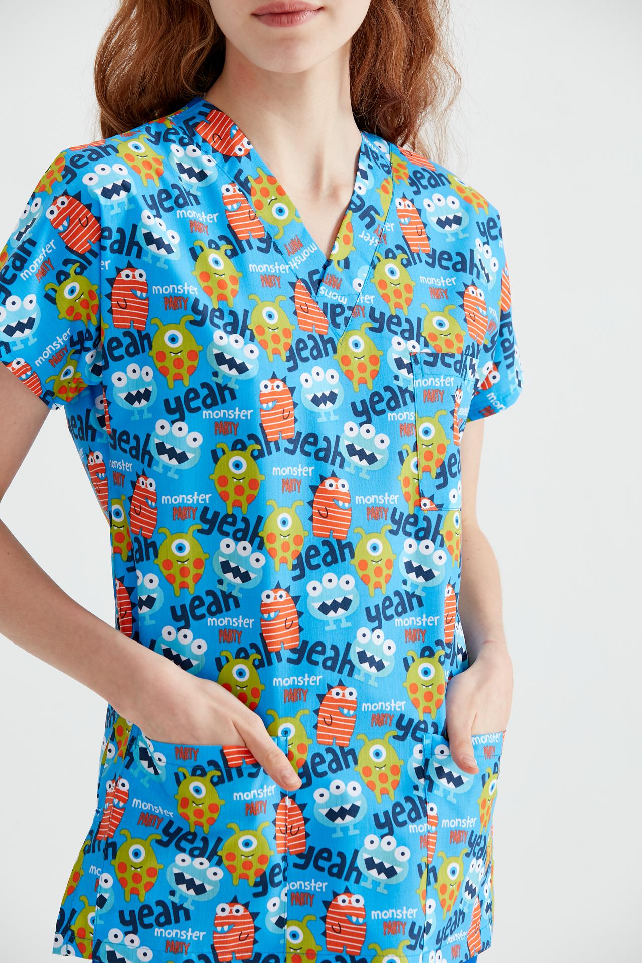 Blue Medical Blouse with Print, For Women - Monster Model