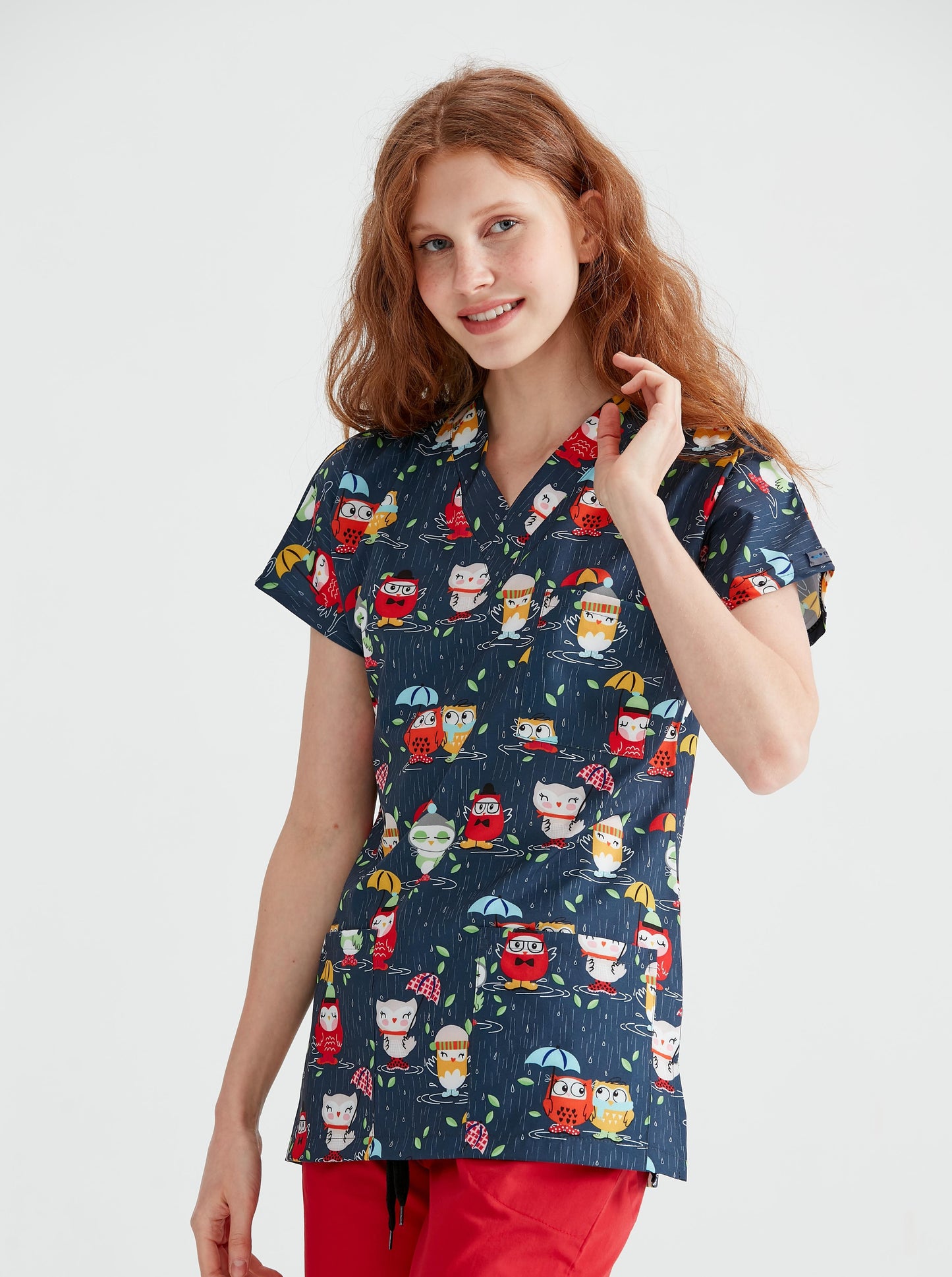 Elastane Medical Blouse, Navy Blue with Print, Women - Owls Medical Uniform Model