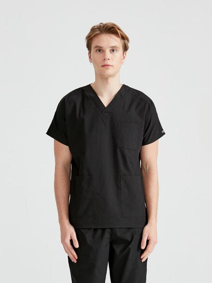 Asistent medical imbracat in costum medical verde chirurgical negru - black, pentru barbati, vedere din fata