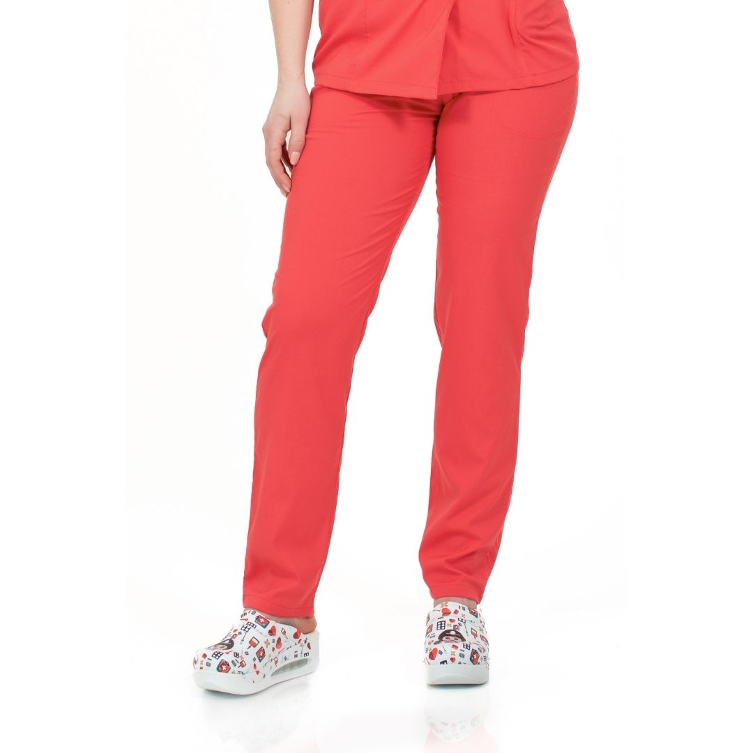 Pantaloni Medicali Elastan, Unisex, Culoarea Rosu Corai, Model Classic Flex