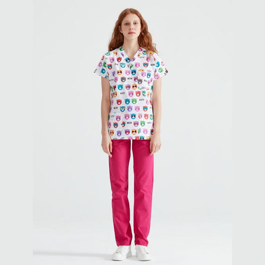 Set Costum Bluza imprimat cu pantaloni lungi, Pentru Femei - Model Uniforma Medicala Big Kitty
