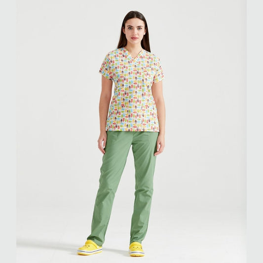 Set Costum Bluza imprimat cu pantaloni lungi, Pentru Femei - Model Uniforma Medicala Bufnite (Owl)