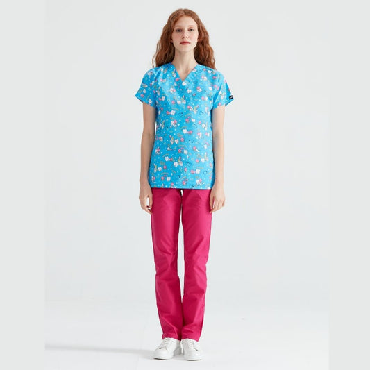 Set Costum Bluza imprimat cu pantaloni lungi, Pentru Femei - Model Uniforma Medicala Dinti Albastru