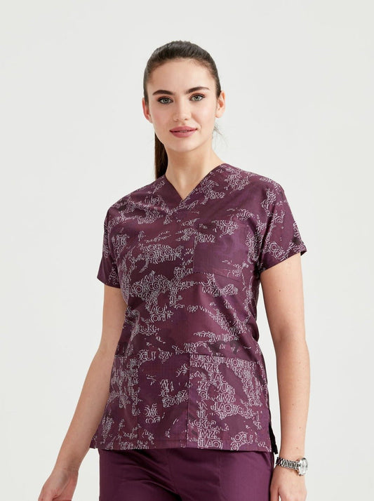 Bluza medicala elastan mov, cu imprimeu, femei - Model Uniforma Medicala Camouflage