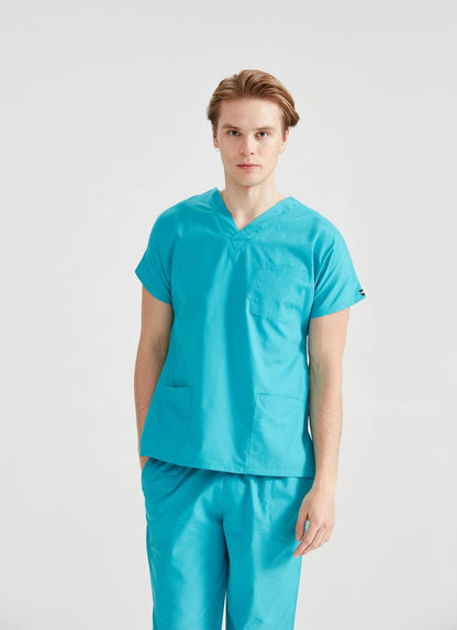  Asistent medical imbracat in costum medical pentru barbati, clasic, verde turquoise, vedere din fata