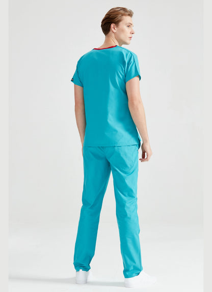 Asistent medical imbracat in costum medical barbati, clasic, verde turquoise, vedere din spate